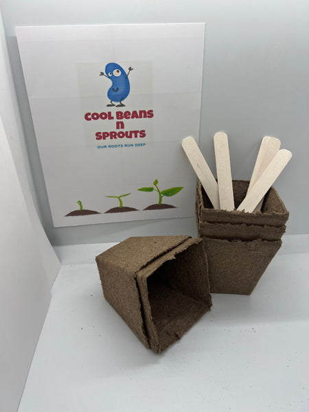 Peat Moss Planting Pots, Single Square, approx. 3'x3' pot with Label sticks